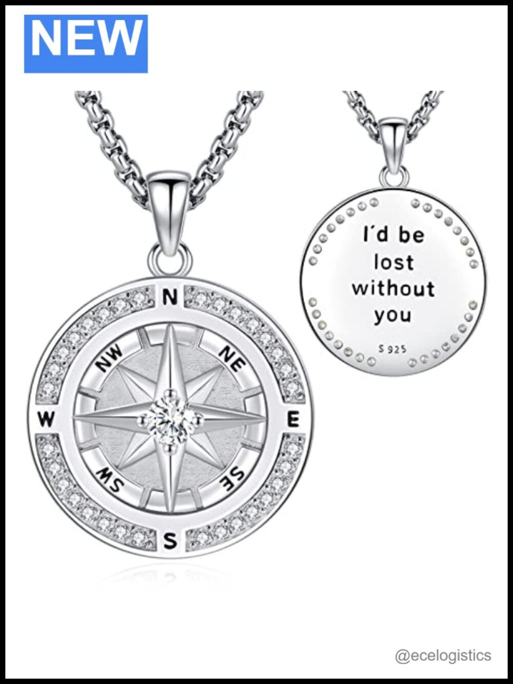 925 Sterling Silver Compass Pendant Necklace I'd Be Lost Without You